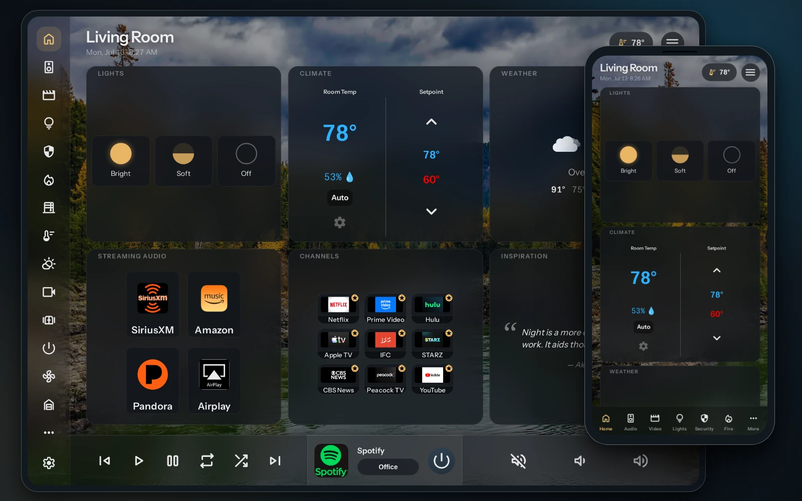 GEM Ember interface shown on a landscape tablet and a phone, with lighting, climate, weather, media, and channel controls.