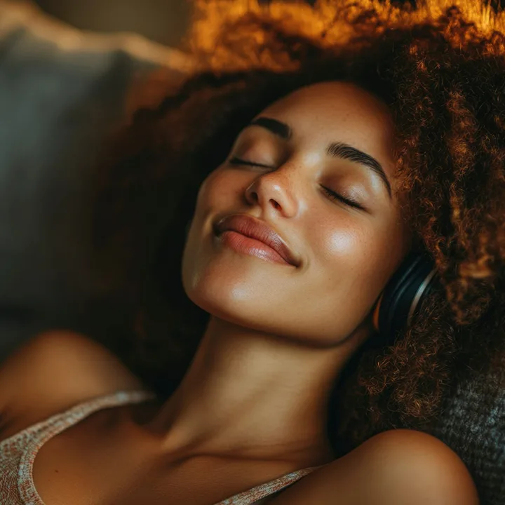 Woman relaxing at home while listening to music